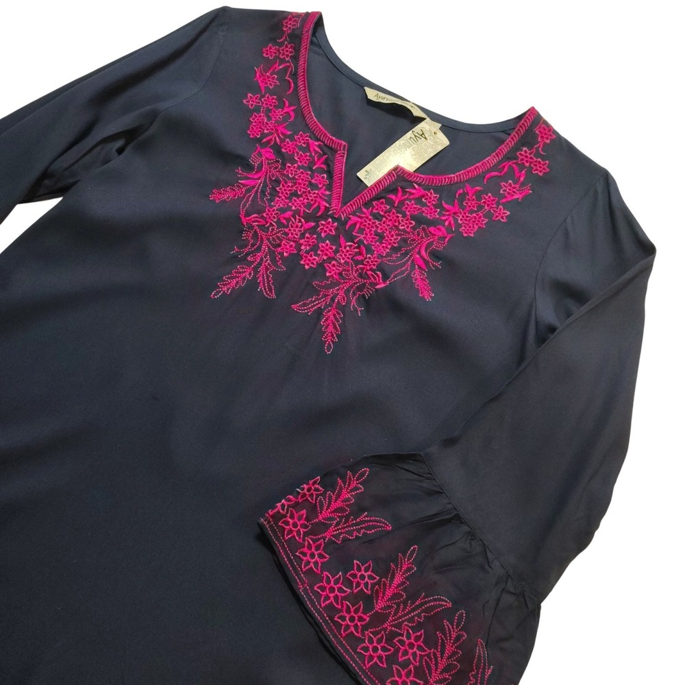 Ayurvastram Women Navy Embroidered Bell Sleeve Pesant Tunic Top Boho Chic Size S